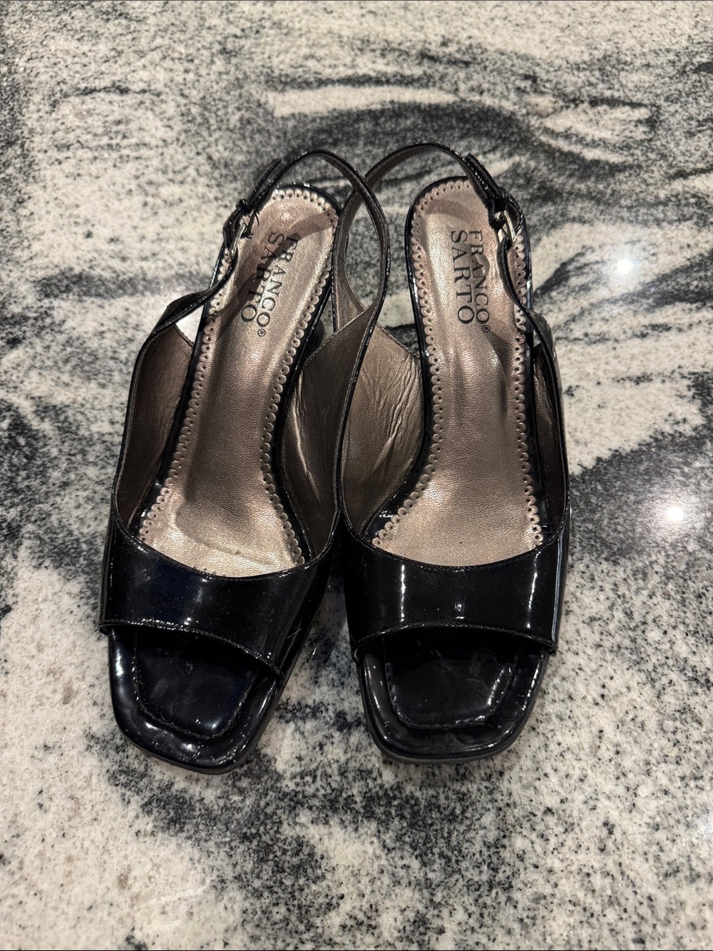 Franco Sarto Black Patent Open-Toe Slingback Heels